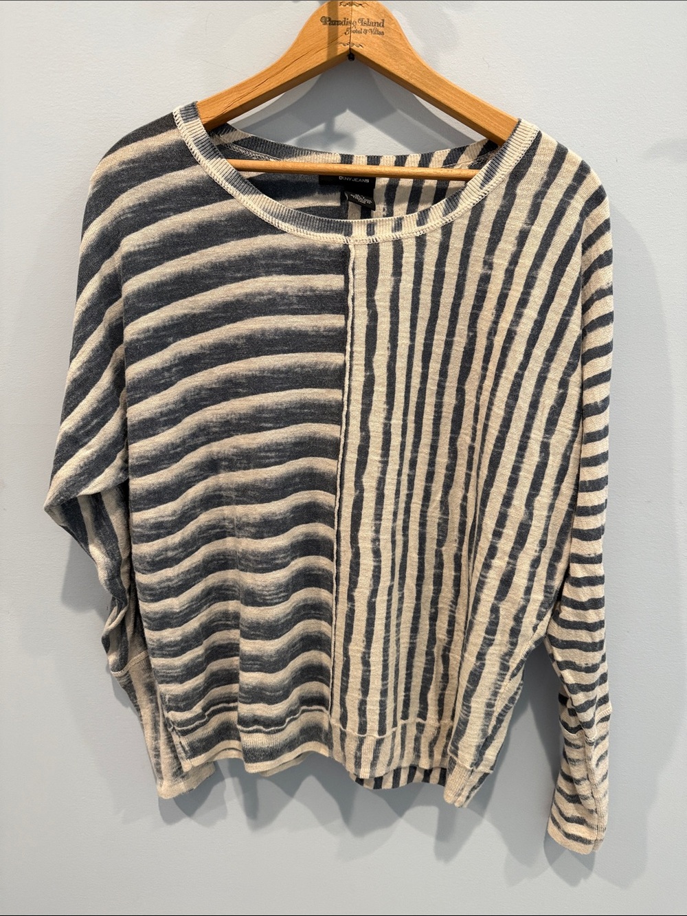 DKNY Jeans Striped Crewneck Sweater in Grey/Blue and Cream